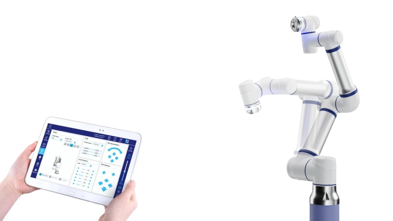 Illustration of a cobot working alongside a person in a factory, symbolizing collaboration and safety in the workplace.