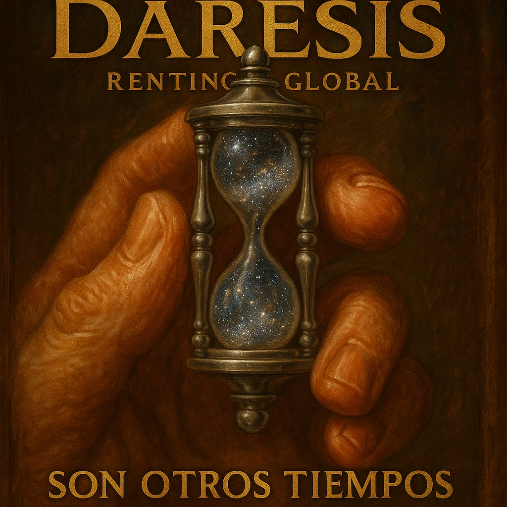 Una mano sostiene un reloj de arena lleno de un cielo estrellado, con el texto "DARESIS Renting Global" en la parte superior y "Son otros tiempos" en la parte inferior.
